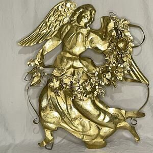 Vintage Brass Angel Wall Hanging Metal Art Flowing Floral Ribbon Design Cottage